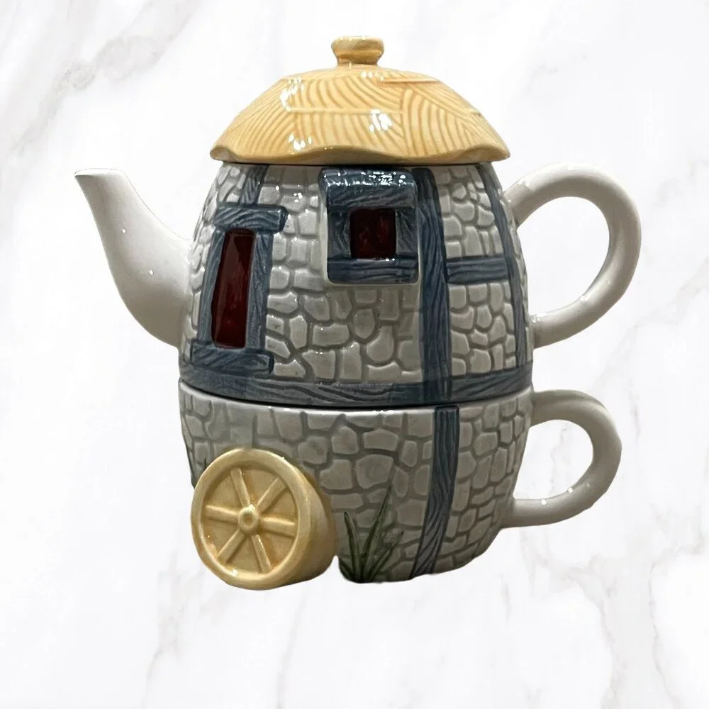 Ceramic Stackable Blue & Gray Cottage Themed 3 Piece Individual Teapot & Cup Set